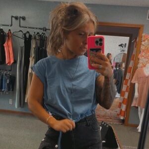 Dusty blue draw string muscle sleeve top